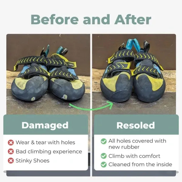 Damaged and resoled climbing shoes