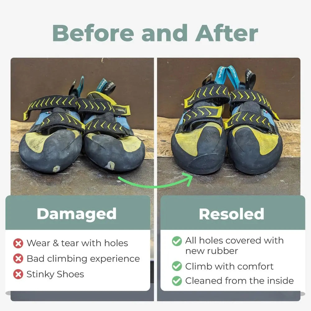Before and After repair climbing shoes - Resole
